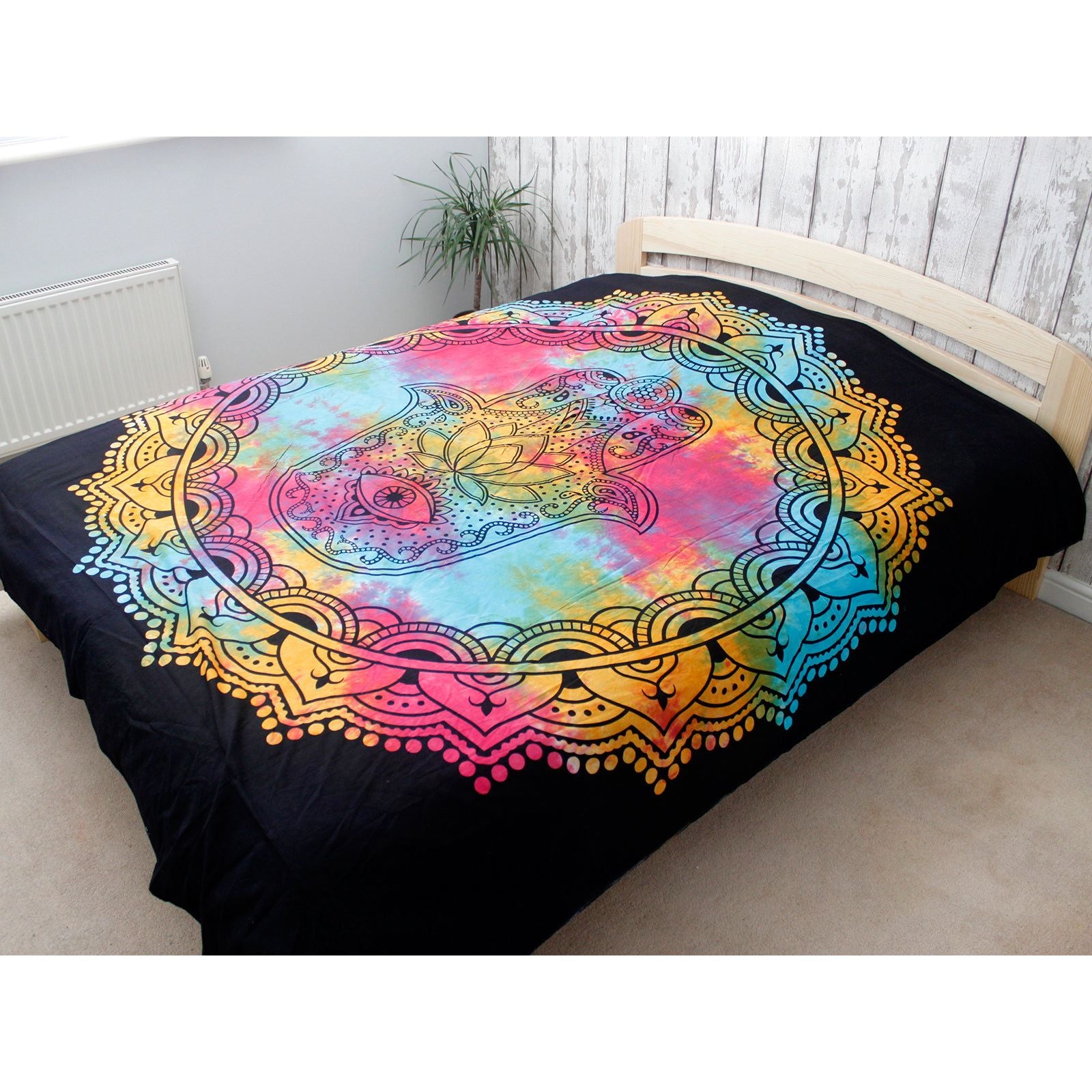 Double Cotton Bedspread + Wall Hanging - Black Hamsa and bed with wooden frame