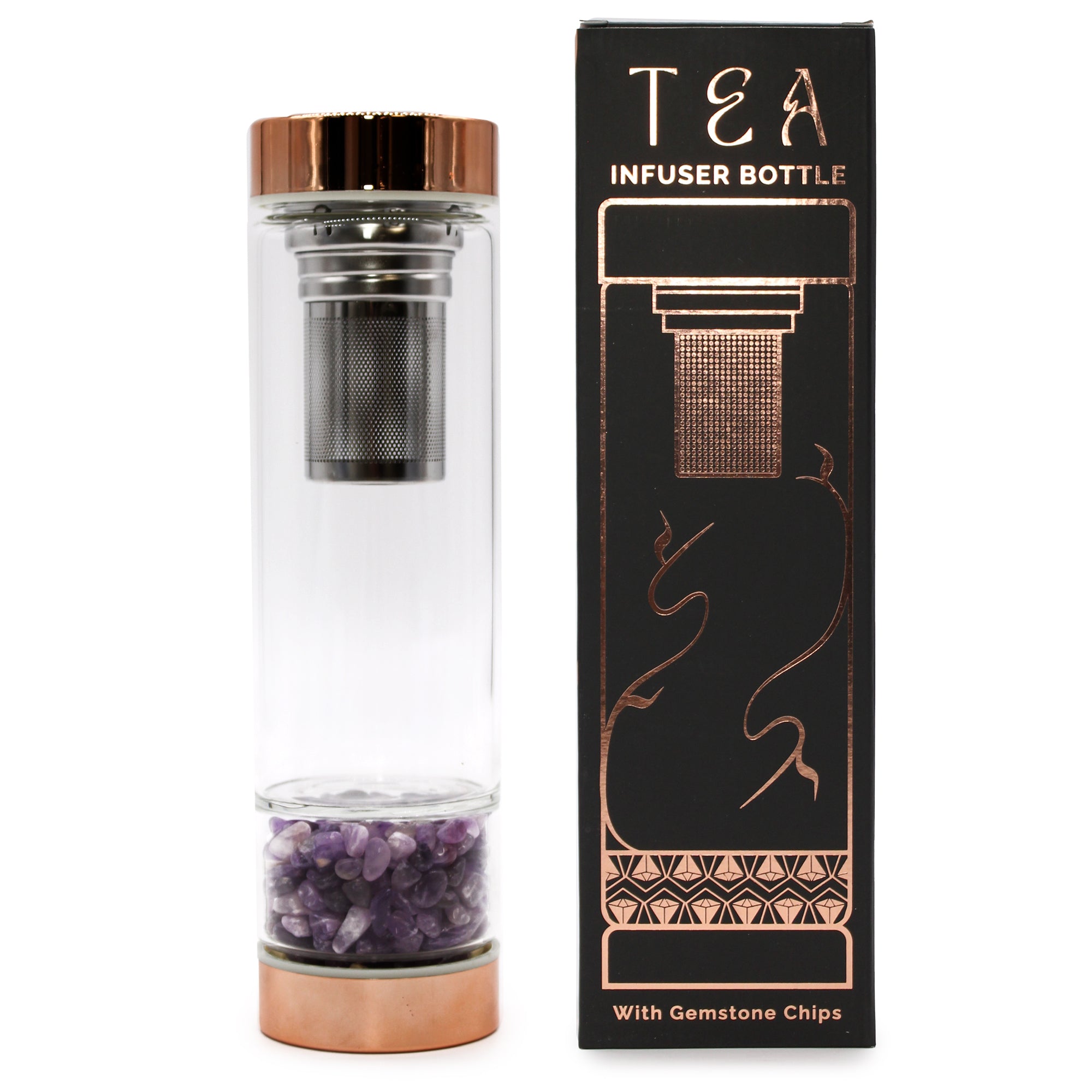 Crystal Glass Tea Infuser Bottle - Rose Gold and its box