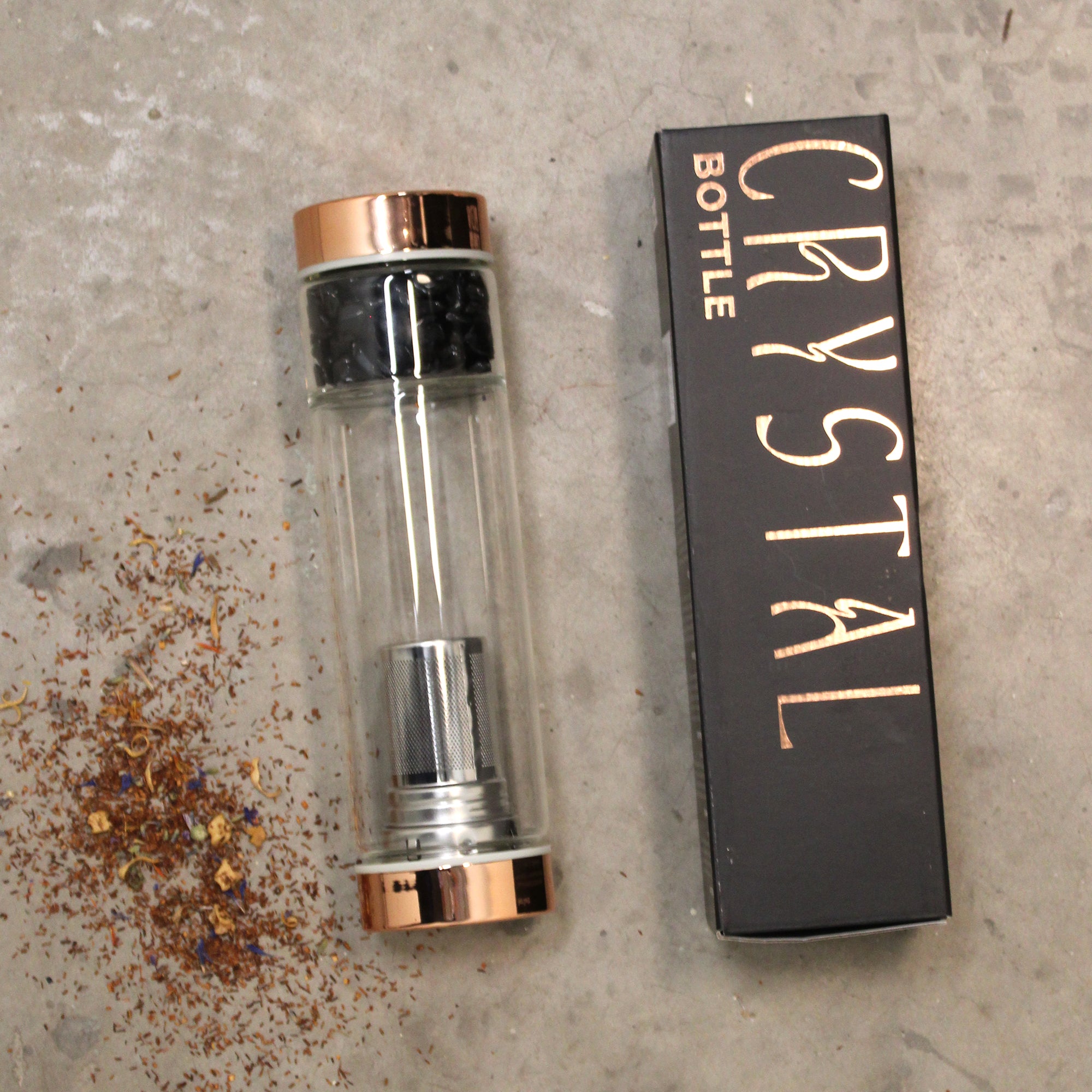 Side view of Crystal Glass Tea Infuser Bottle and its box