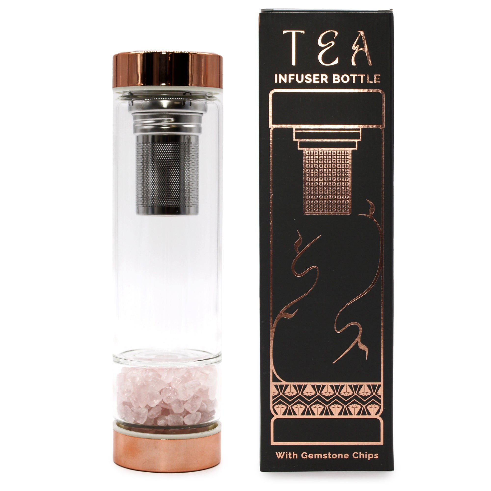 Crystal Glass Tea Infuser Bottle - Rose Gold - Rose Quartz and box