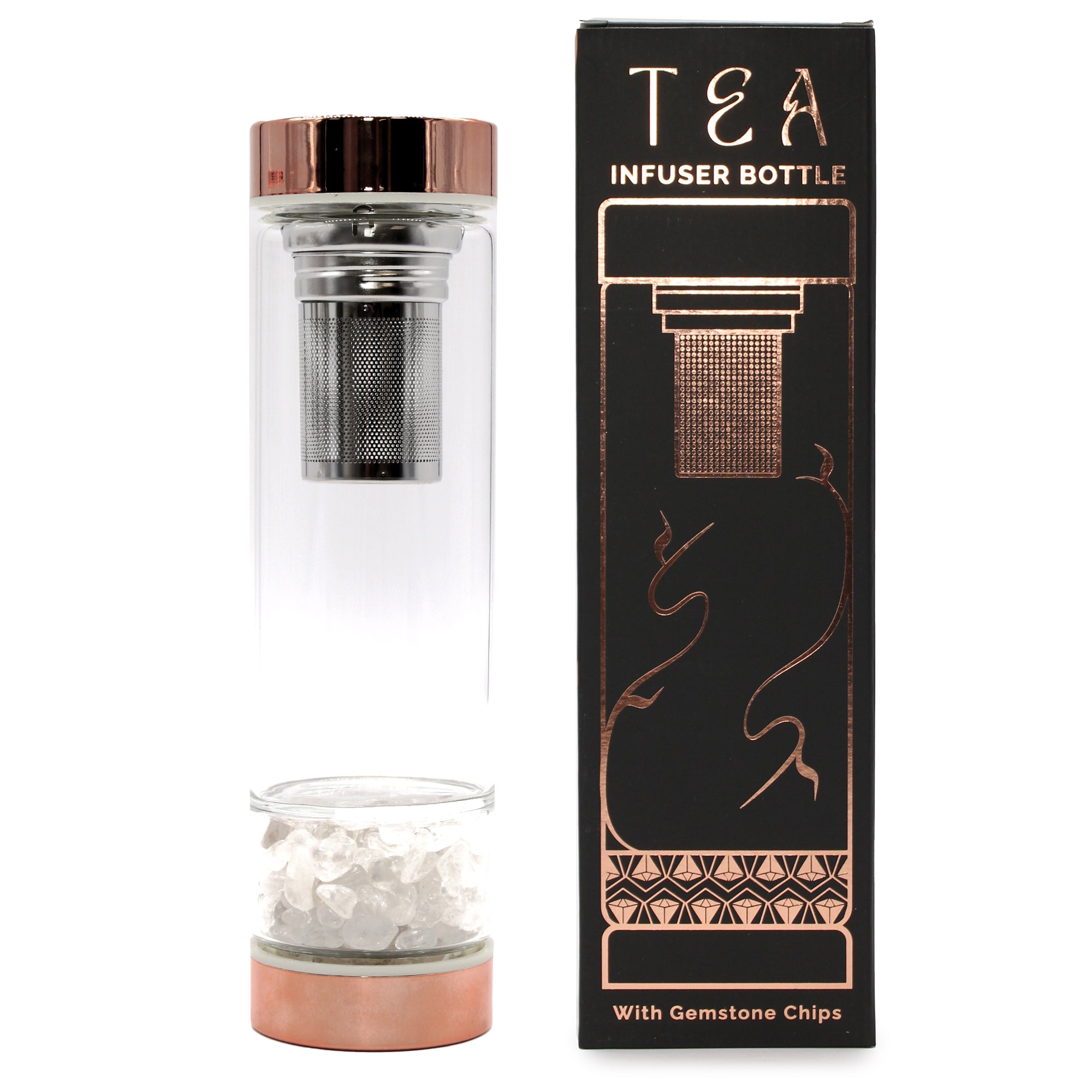 Crystal Glass Tea Infuser Bottle - Rose Gold - Rock Quartz and box