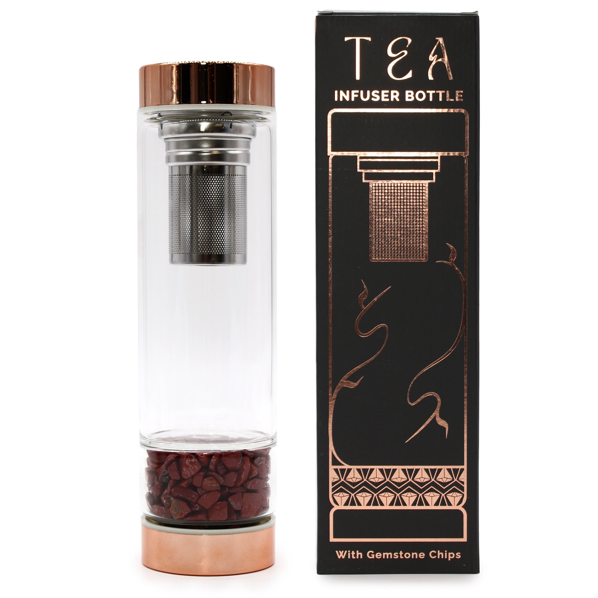 Crystal Glass Tea Infuser Bottle - Rose Gold - Red Jasper and it's box