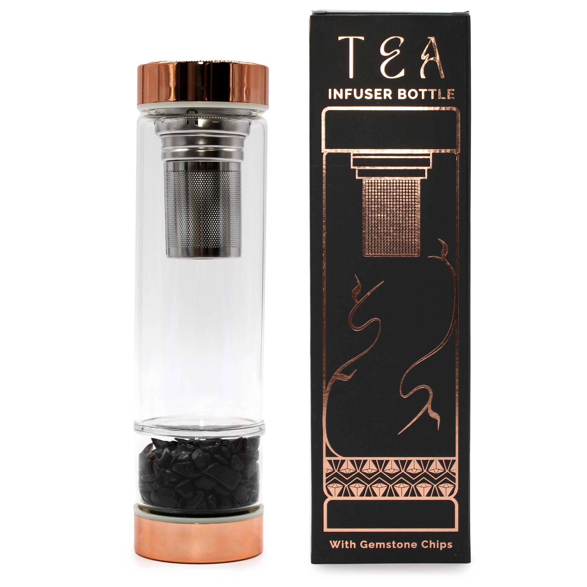 Crystal Glass Tea Infuser Bottle - Rose Gold - Onyx and its box