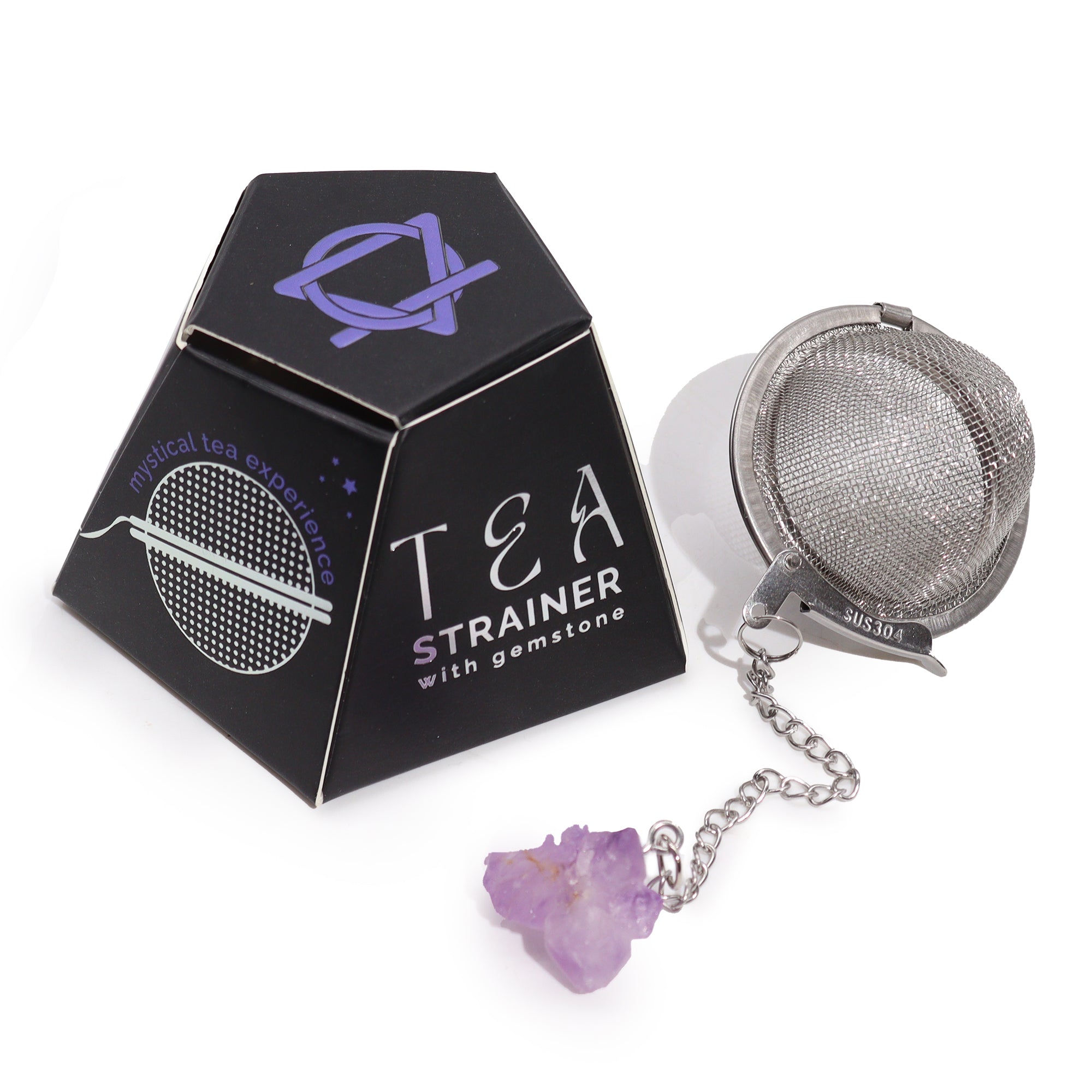 Raw Crystal Gemstone Tea Strainer - Amethyst Cluster and box