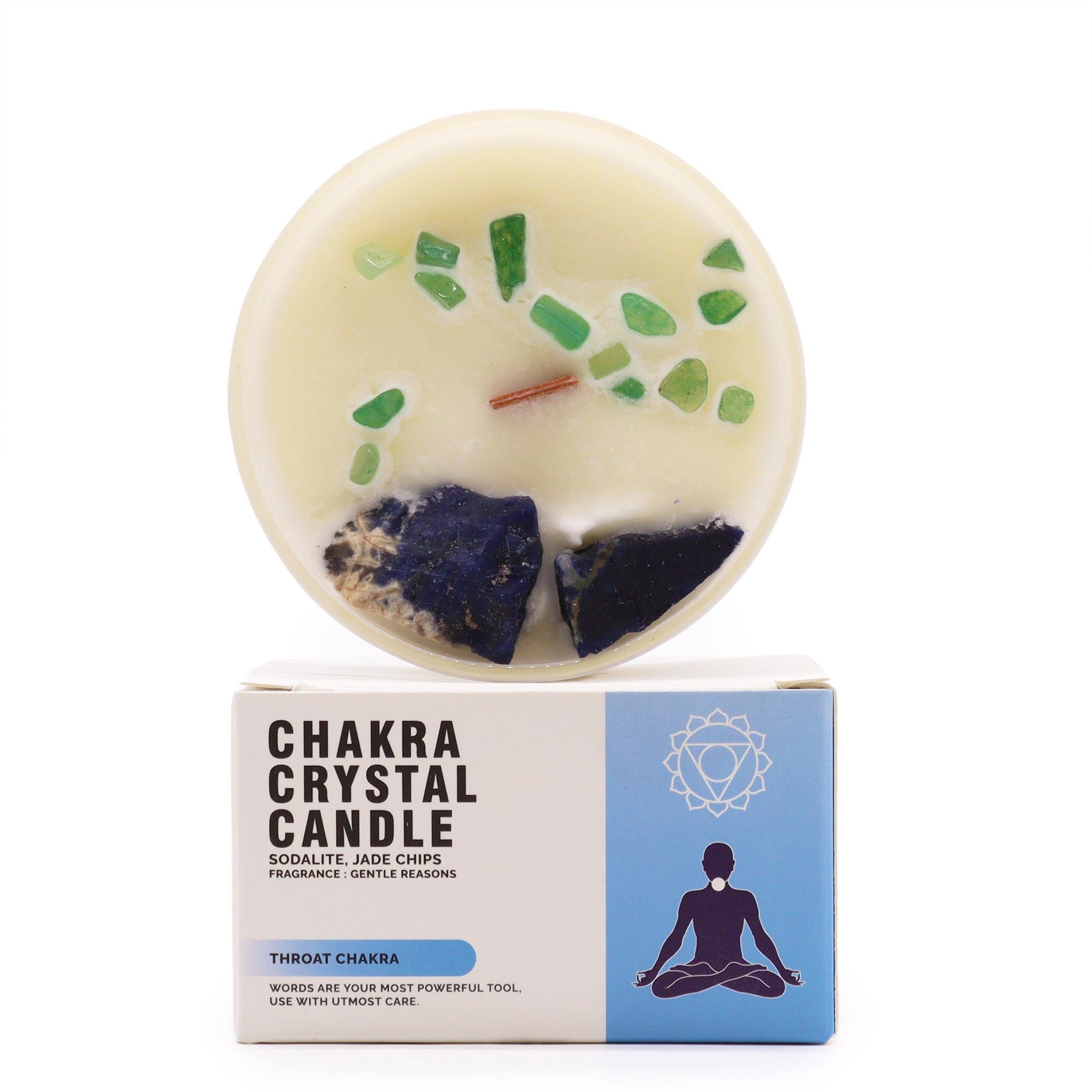 Chakra Crystal Candles - Throat Chakra on top of it pakaging