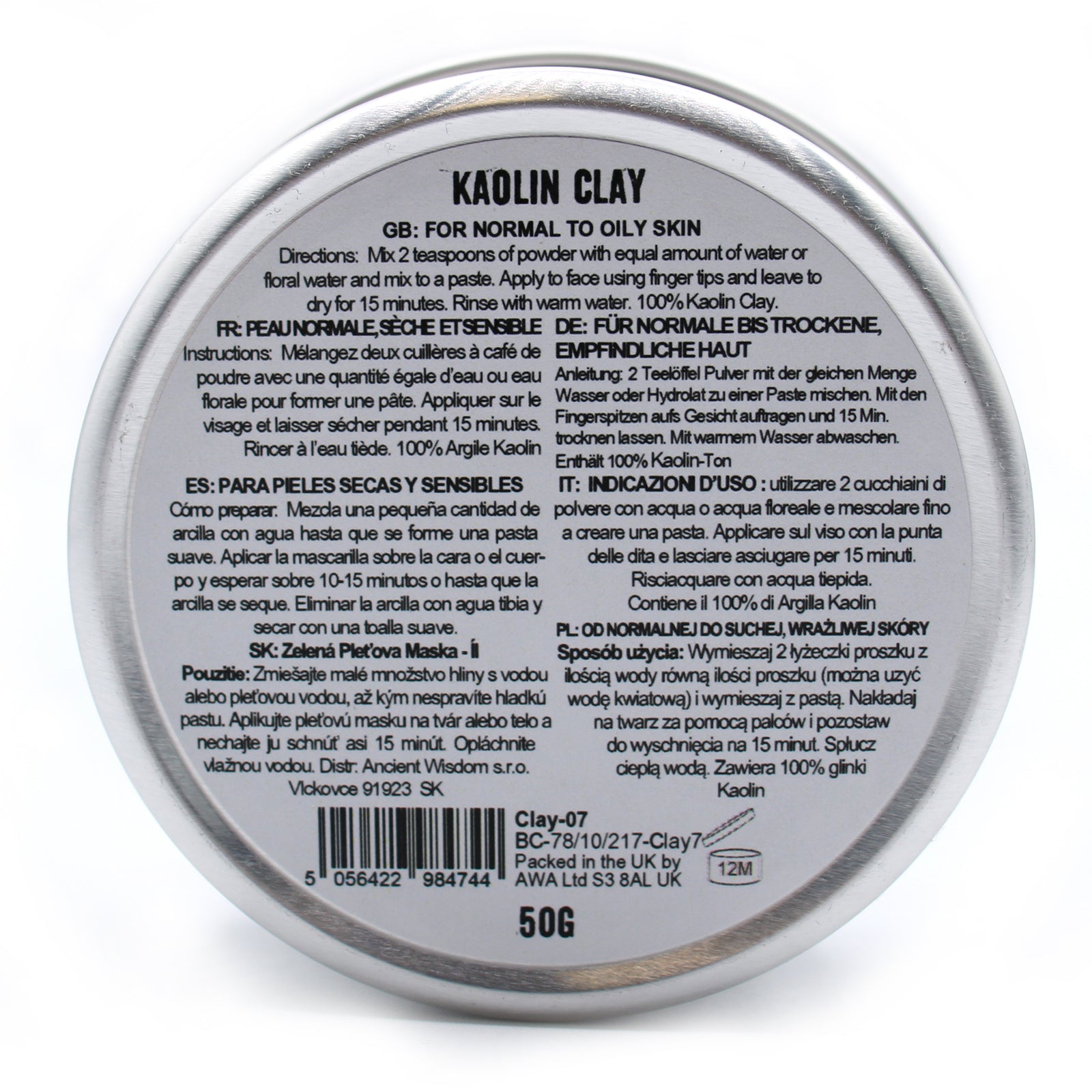 picture of ingredients and content of Kaolin Clay 50g