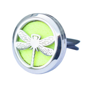 A stainless steel car diffuser kit with a green felt pad and a Dragon fly  design, including space for essential oil.Underground Allure, Essex UK