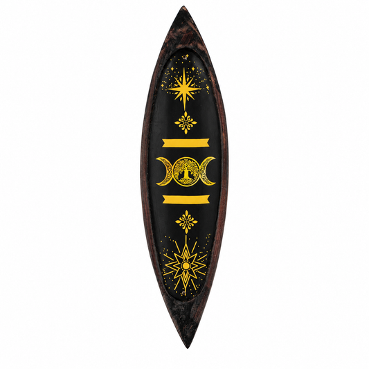 Golden Triple Moon Mango Wood Incense Bowl - 29cm