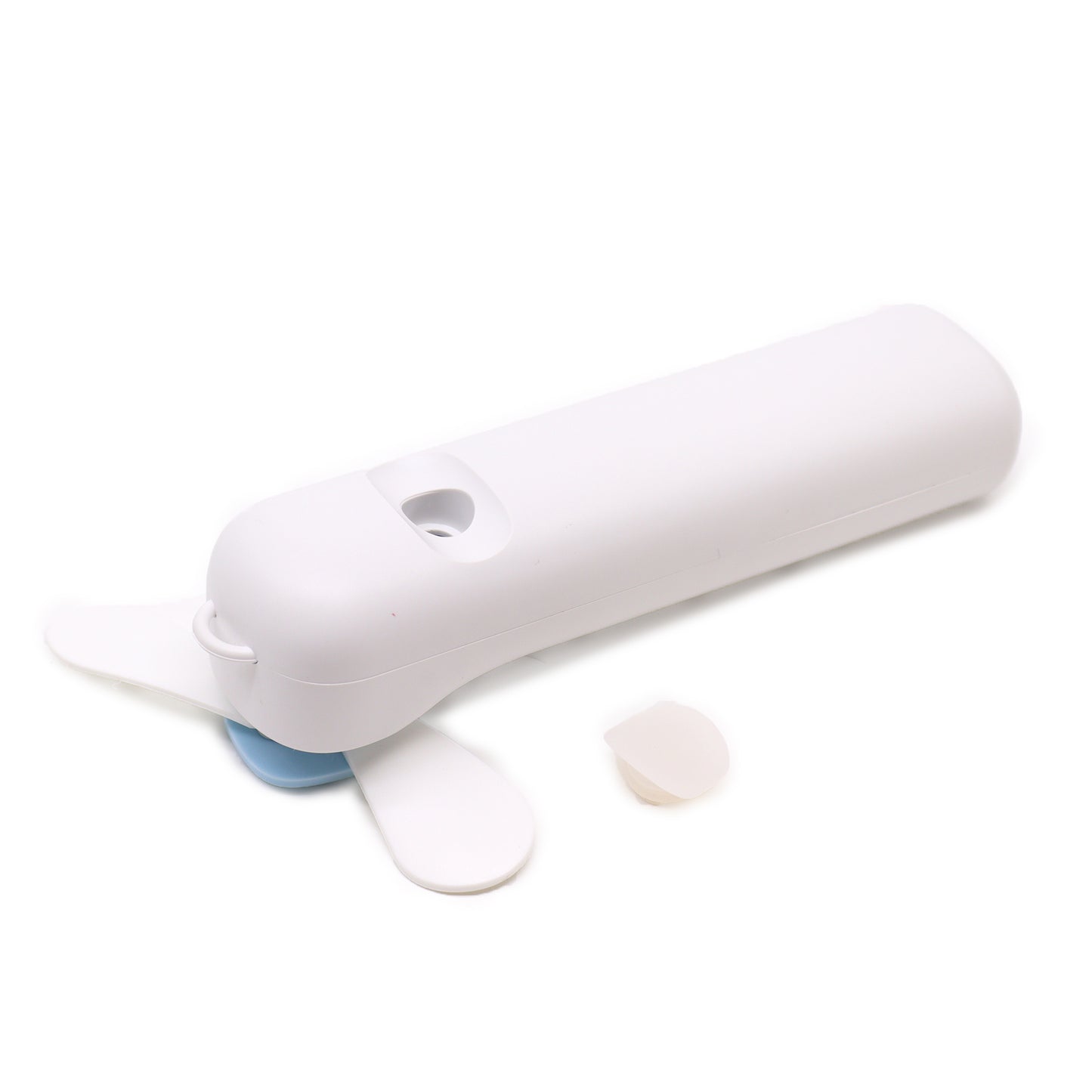 White electronic device with blue base on a white background