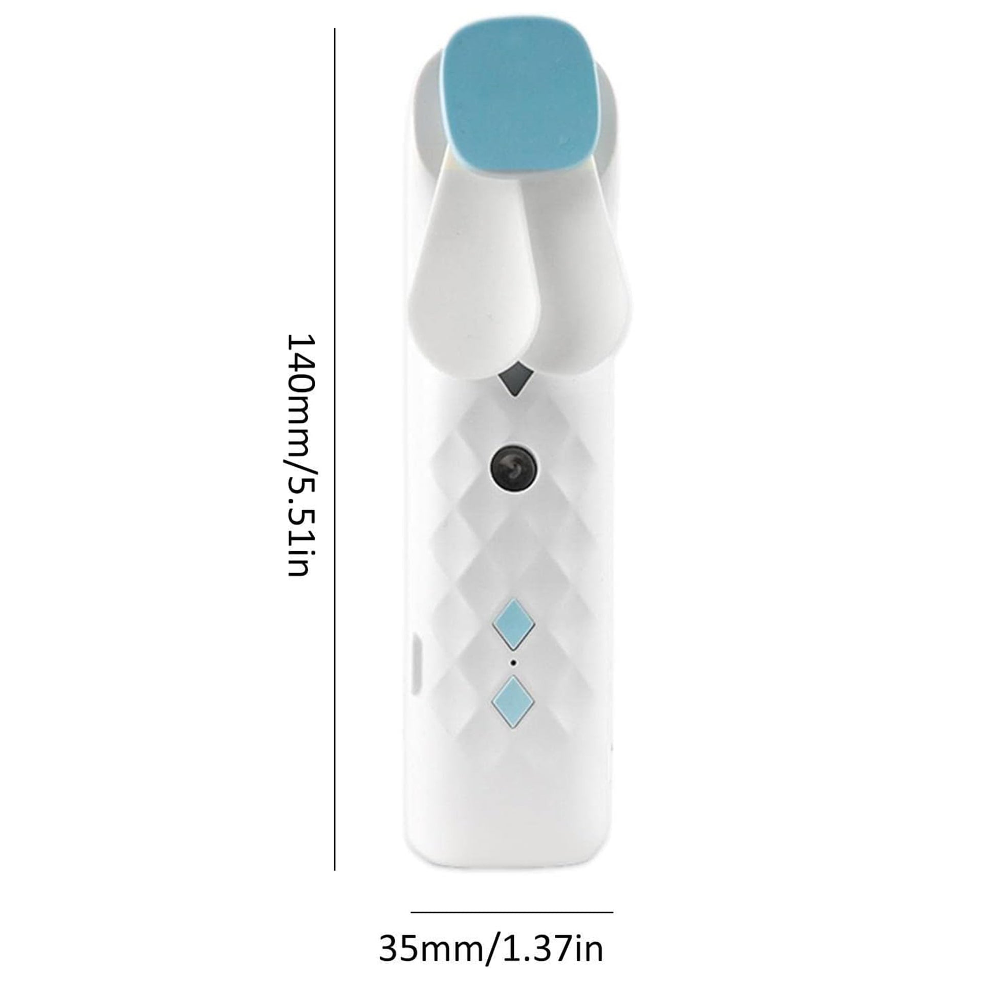 White electronic mist fan  device with blue accents and measurements on a white background
