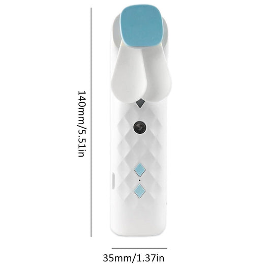 White electronic mist fan  device with blue accents and measurements on a white background
