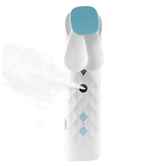 White  mist fan handheld device with blue accents on a white background