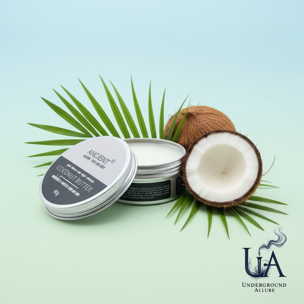 Ancient Wisdom Coconut Butter in an open tin, displayed with fresh coconut halves and green palm leaves, on a calming pastel background with the Underground Allure logo.