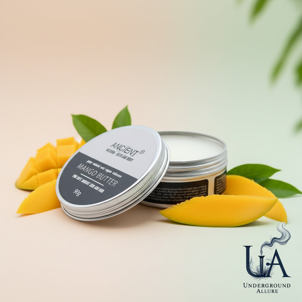 Two containers of mango butter with mango pieces and leaves on a light background, featuring the brand 'Underground Allure'.