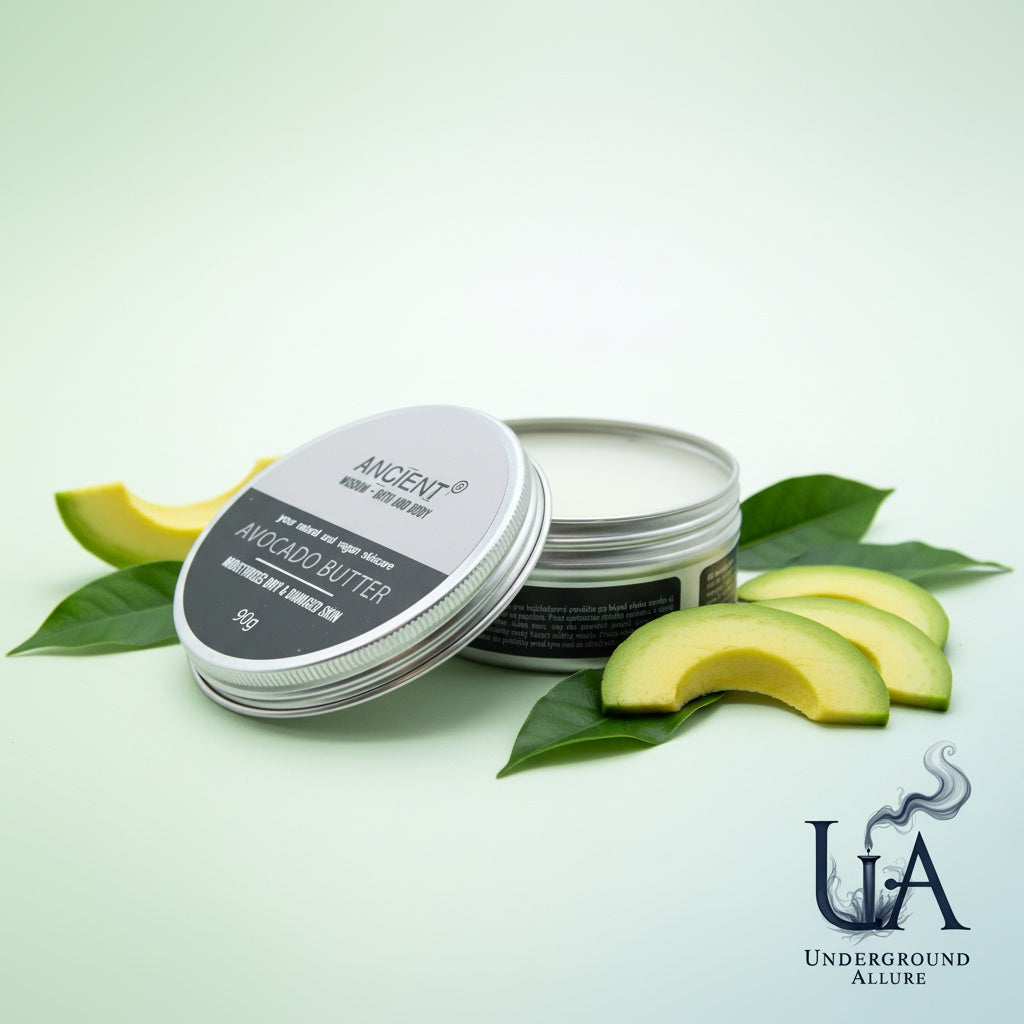 Avocado butter container with avocado slices and leaves on a light green background, featuring the brand 'Underground Allure'.