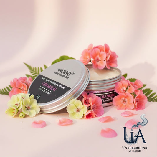Geranium Body butter containers with flowers and 'Underground Allure' logo on a soft background