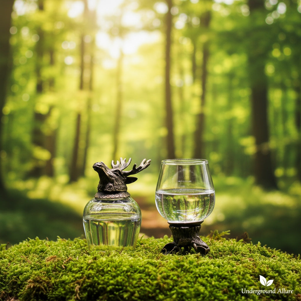 Two glass containers with moose heads on a mossy surface in a forest setting.