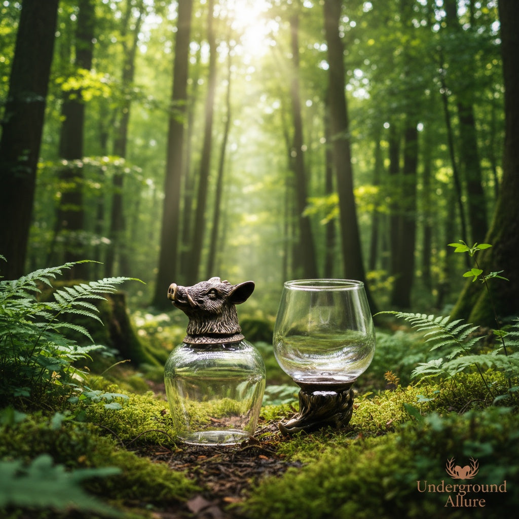 Two 100ml glass animal figurines in a forest setting with sunlight filtering through the trees.