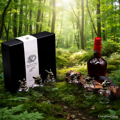 Bottle of dark liquid with red cap and decorative boxes  showcases 6 different brass Figure heads of the Mystical Creatures  a forest setting