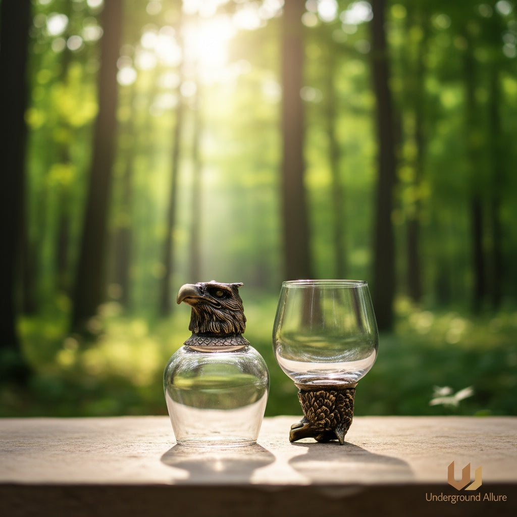 Two glass containers with Brass eagle designs on a wooden surface in a forest setting.
