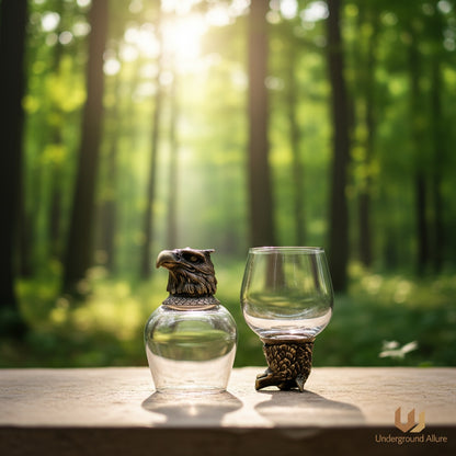 Two glass containers with Brass eagle designs on a wooden surface in a forest setting.