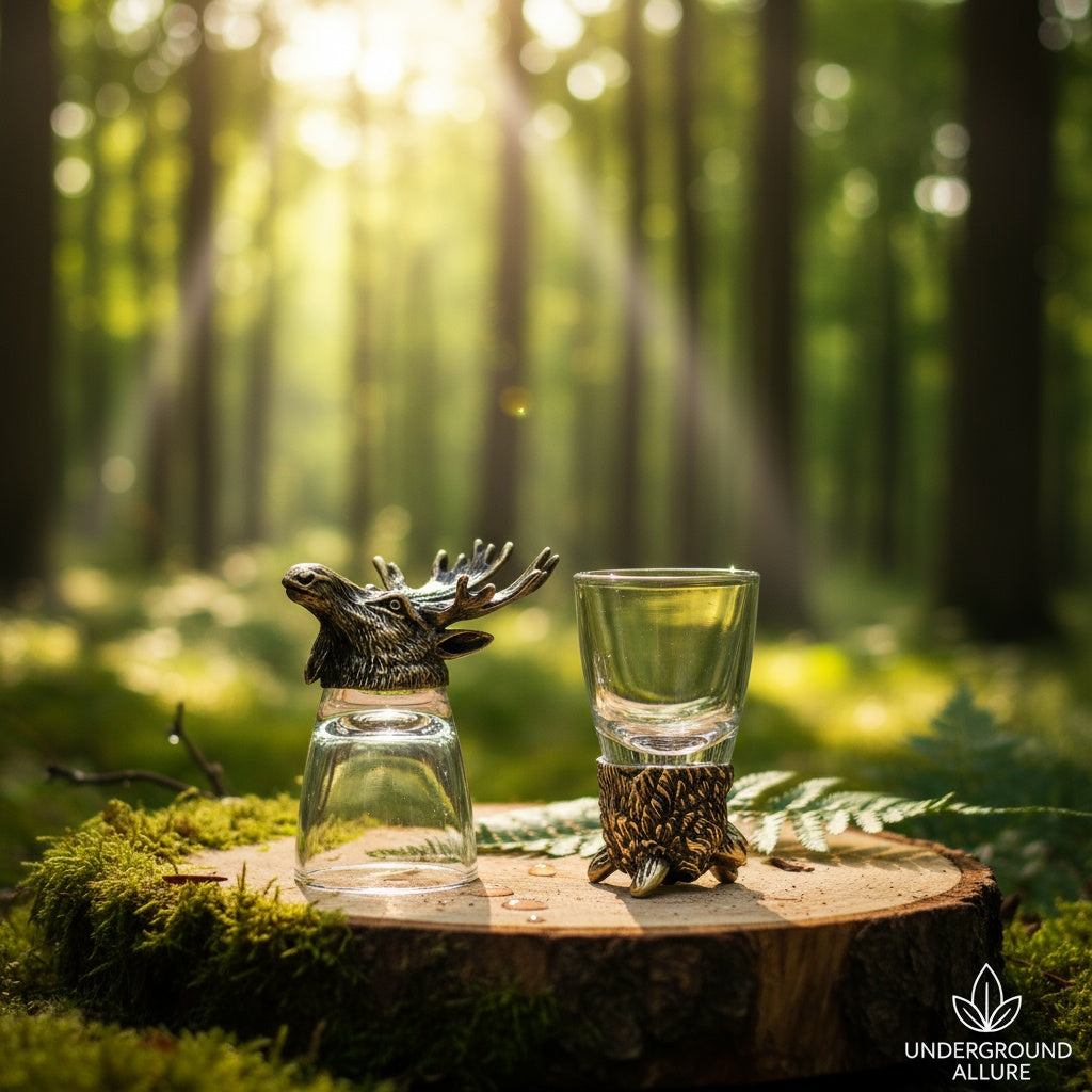 Two  50ml shot glasses with moose heads on a wooden stump in a forest setting.