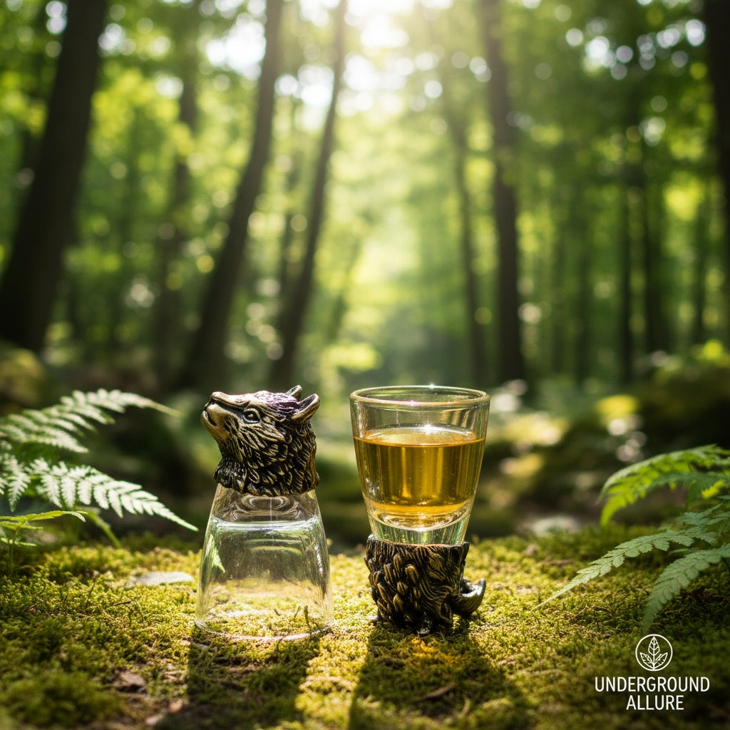 Two 50ml Glass with Bear Head designs on a forest floor, one filled with a yellow liquid.