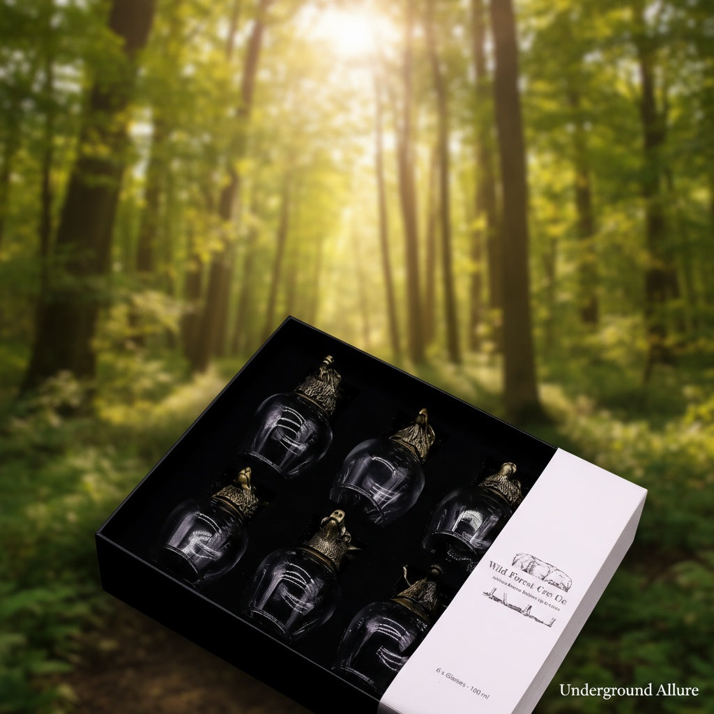 Box of Wild Forest Creatures bottles with 'Underground Allure' branding in a forest setting