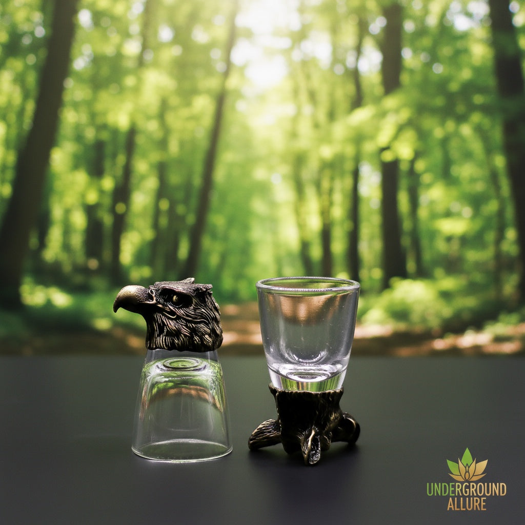Two  50ml shot glasses with eagle heads on a table in a forest setting, featuring the brand 'Underground Allure'.