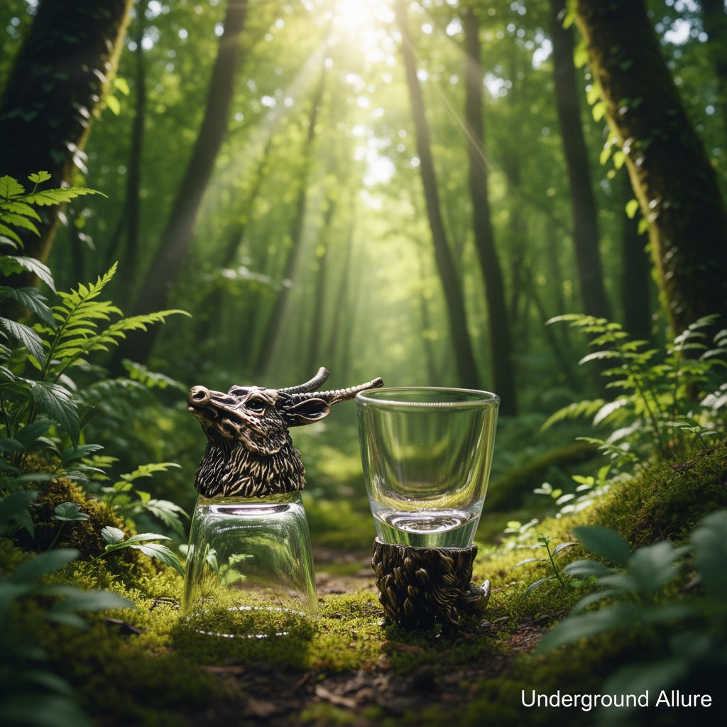 Two glass goblets with Brass  deer heads in a forest setting, illuminated by sunlight.