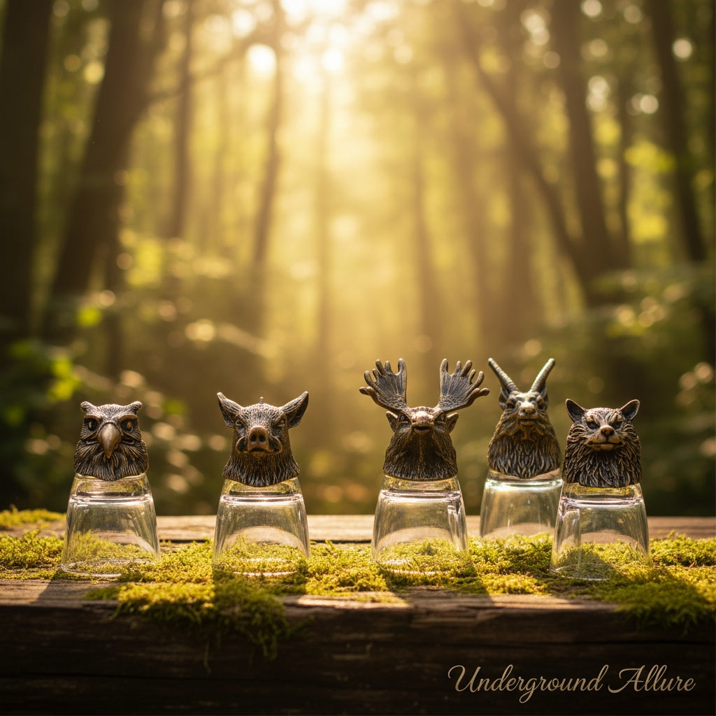 Five glass jars with animal head designs on a wooden platform with a forest background.