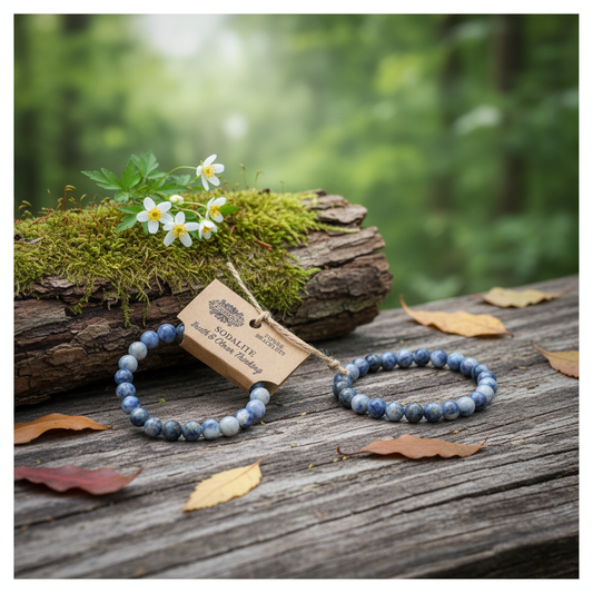 Two blue beaded bracelets on a wooden surface with a natural background
