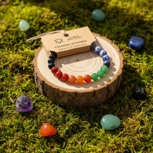 Colorful beaded bracelet on a wooden slice with chakra stones around on a mossy background