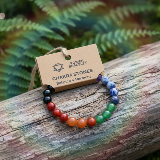 Colorful chakra stone bracelet on a wooden surface with a blurred natural background
