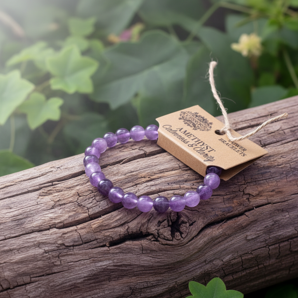 Purple beaded bracelet on a wooden log with a tag, surrounded by green leaves.