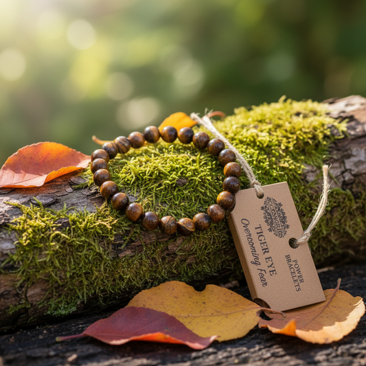 Tiger eye bracelet on a mossy log with leaves and a branded tag.