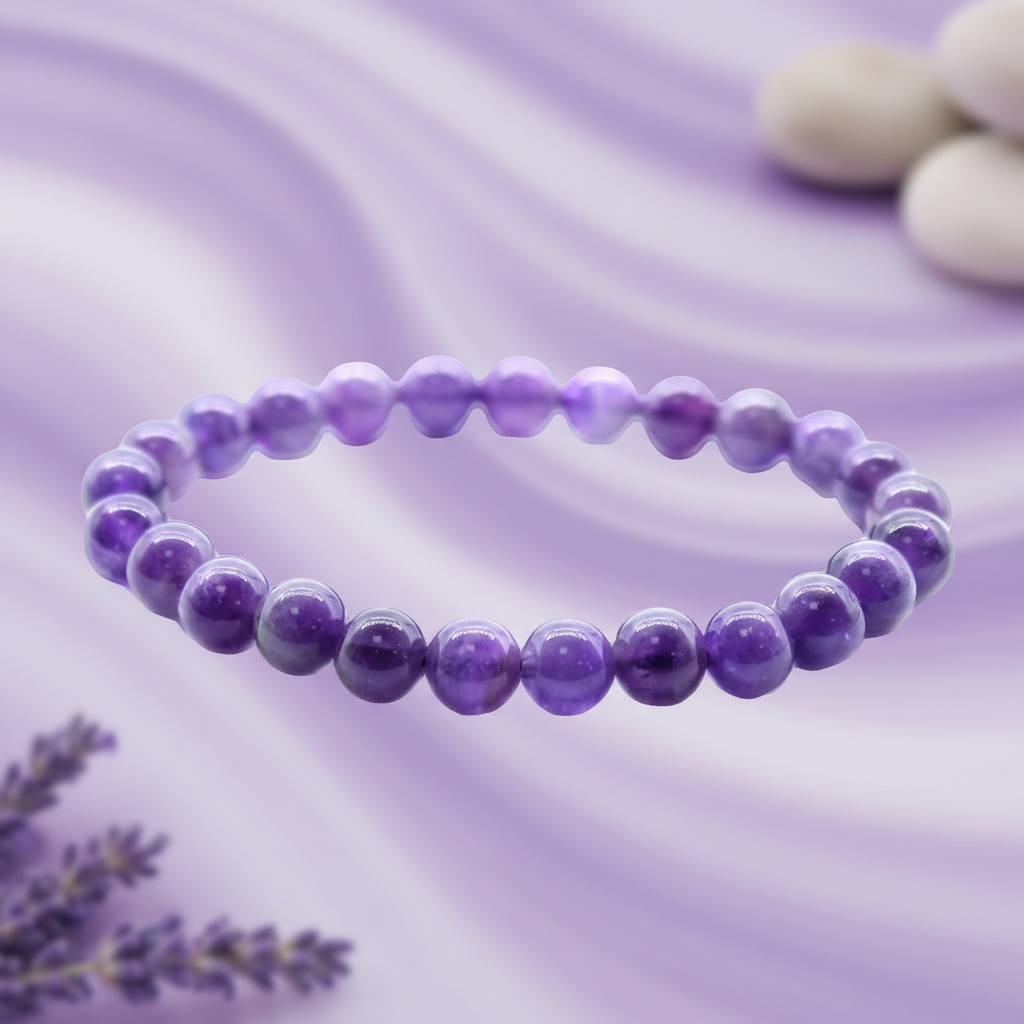 Purple beaded bracelet on a purple background with lavender flowers