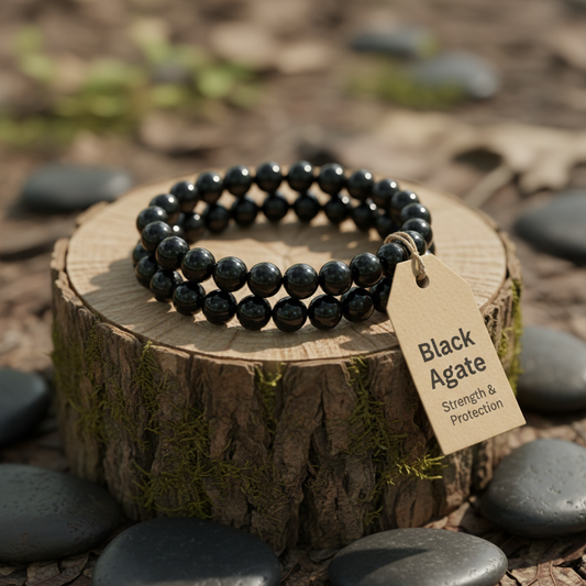 Black agate bracelet on a wooden stump with a tag indicating its properties, surrounded by stones.