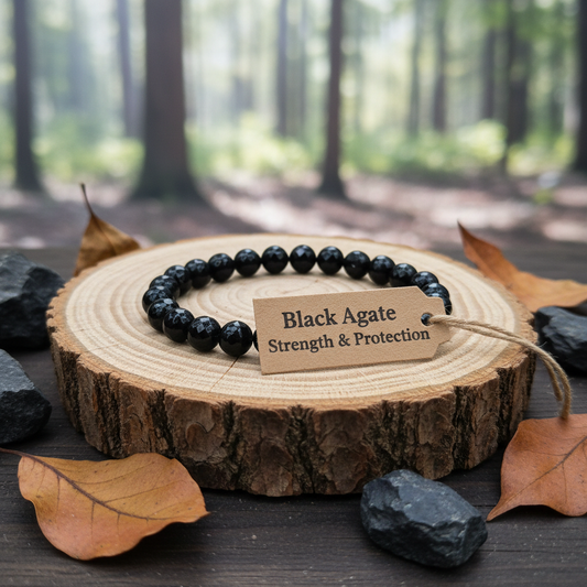 Black agate bracelet on a wooden slice with a tag in a forest setting