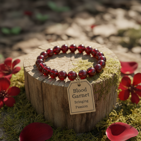 Red beaded bracelet labeled 'Blood Garnet' on a wooden stump with flowers in the background