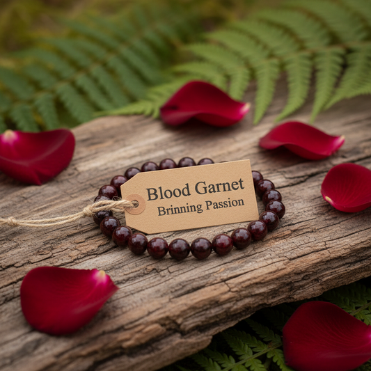 Blood garnet bracelet with a label on a wooden surface surrounded by red petals and green leaves.