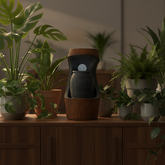 Grand Water Feature - Colour Changing Crystal Ball in Greek Urn in Basket