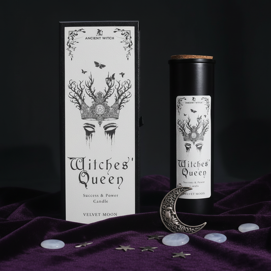 Witches' Queen candle packaging with decorative elements on a dark background