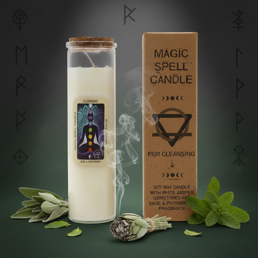 Cleansing candle with packaging and herbs on a dark background