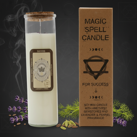 Magic spell candle for success with packaging on a dark background