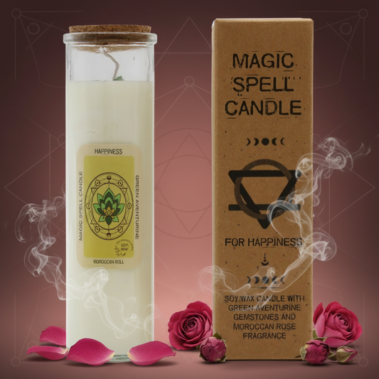 magic spell candle with a little smoke with rose surround the candle