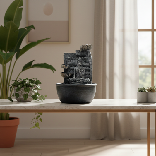 Tabletop Water Feature - Buddha, Lotus Flower Cascading Pots
