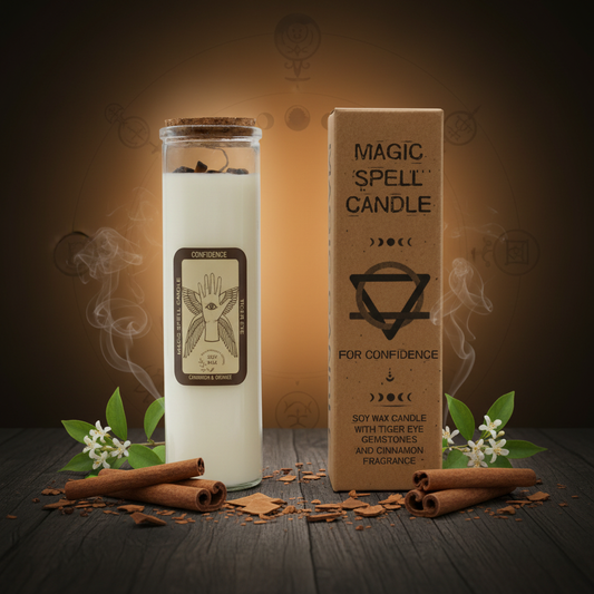 Magic spell candle for confidence with packaging on a wooden surface