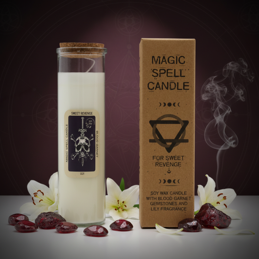 mmagic candle with dsrk background surrounded by lilys and blood garnet gemstones
