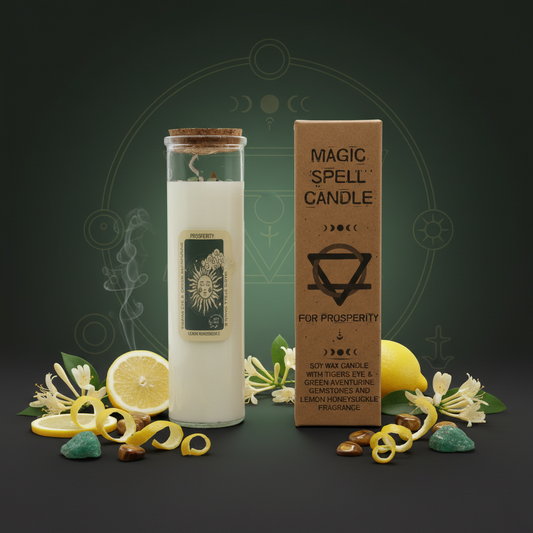 magic spell candle on a. dark green background surround by lemon and honey suckle and gemstones with a little smoke
